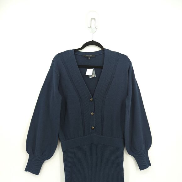 Toccin Women S Dress Midnight Navy Blue Sweater V Neck Button Ribbed Cotton Wool - Picture 3 of 7